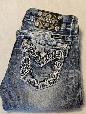 Miss Me Women's Bootcut Jeans Size 25 Embellished Bling Lace Flap Pockets Y2K